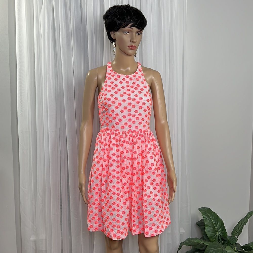 J Crew Embroidered Dress Neon Coral /White 00